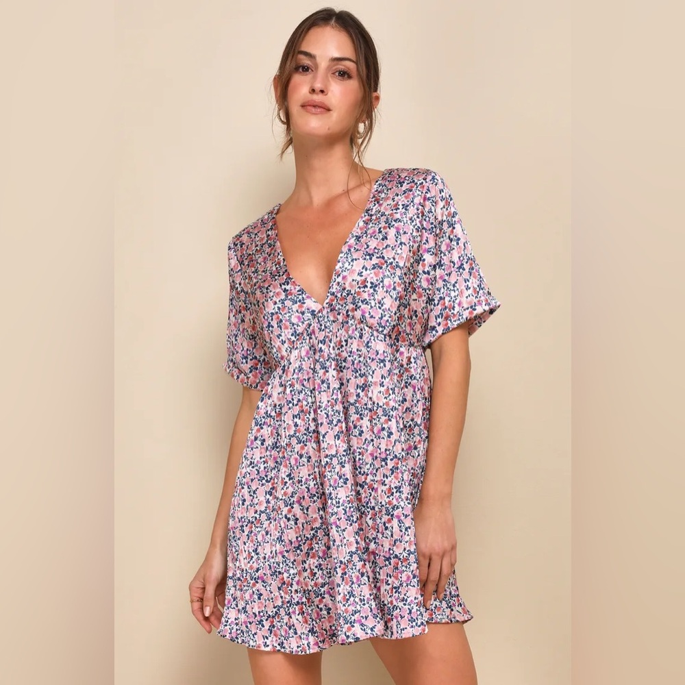 Lulu’s Express Yourself Blush Pink Floral Satin Babydoll Mini Dress